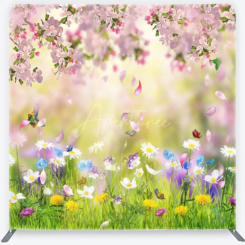 Aperturee - Aperturee Pink Cherry Blossom and Wildflower Meadow Square Double-Sided Backdrop Spring Nature Photography for Studio