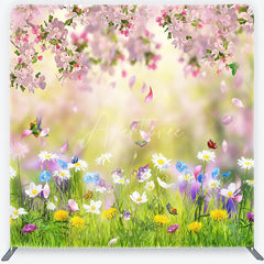 Aperturee - Aperturee Pink Cherry Blossom and Wildflower Meadow Square Double-Sided Backdrop Spring Nature Photography for Studio