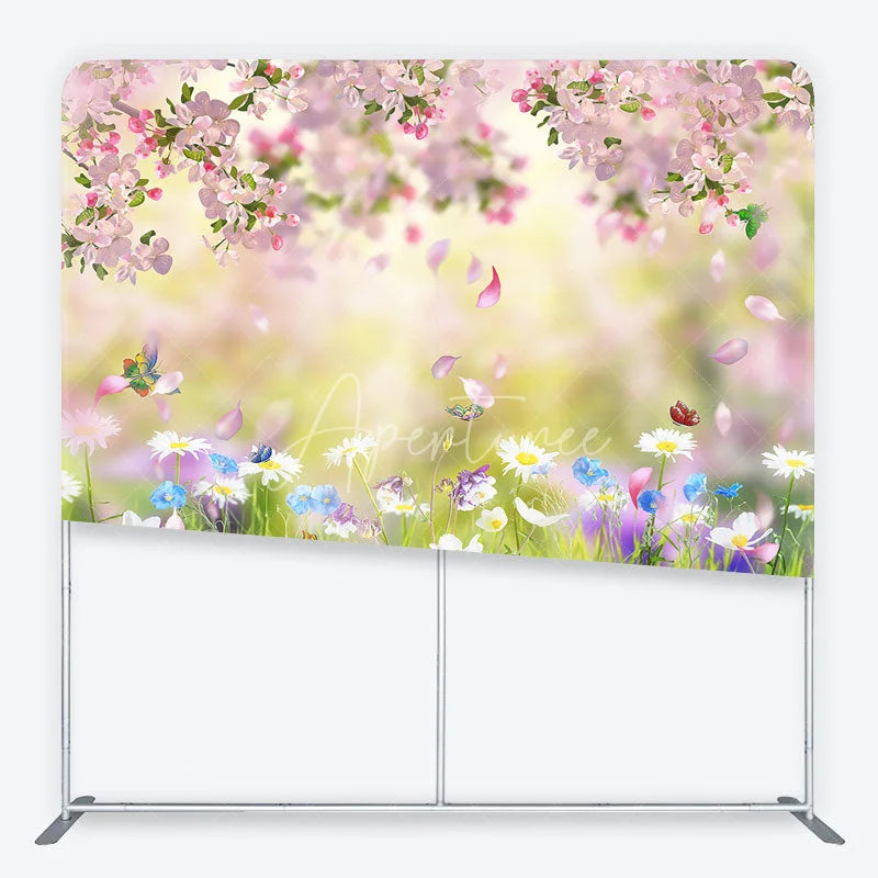 Aperturee - Aperturee Pink Cherry Blossom and Wildflower Meadow Square Double-Sided Backdrop Spring Nature Photography for Studio