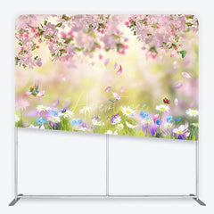 Aperturee - Aperturee Pink Cherry Blossom and Wildflower Meadow Square Double-Sided Backdrop Spring Nature Photography for Studio