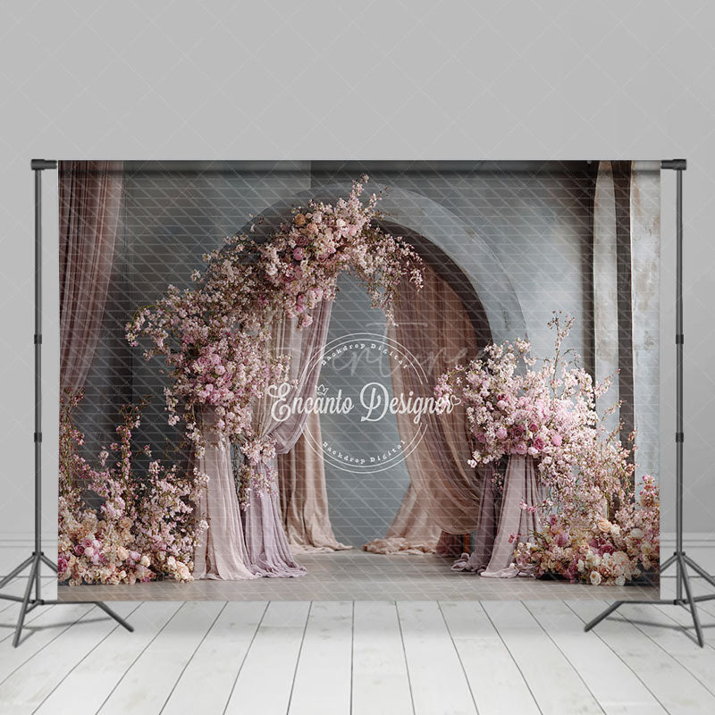 Aperturee - Aperturee Pink Cherry Blossom Arch Photography Backdrop Draped Fabric for Spring Wedding Romantic Photo Background