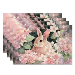 Aperturee - Aperturee Pink Cherry Blossom Bunny Set of 4 Placemats Spring Floral Rabbit Table Mats for Dining Room
