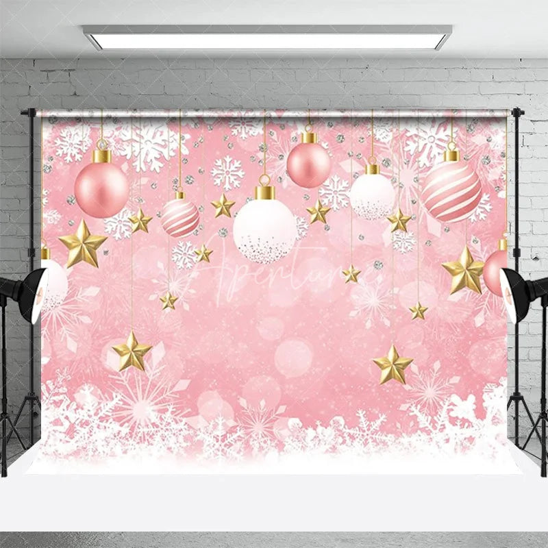 Aperturee - Aperturee Pink Christmas Backdrop Hanging Ornaments Snowflake Background for Girl Winter Xmas Holiday Party Decoration Banner