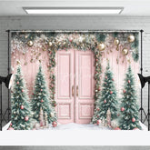 Aperturee - Aperturee Pink Christmas Door Photography Backdrop Flocked Trees with Rose Gold Ornaments Whimsical Holiday Photo Background