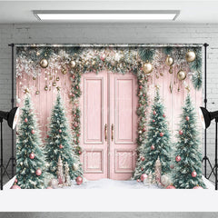 Aperturee - Aperturee Pink Christmas Door Photography Backdrop Flocked Trees with Rose Gold Ornaments Whimsical Holiday Photo Background
