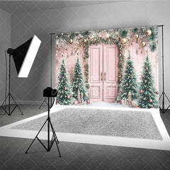 Aperturee - Aperturee Pink Christmas Door Photography Backdrop Flocked Trees with Rose Gold Ornaments Whimsical Holiday Photo Background