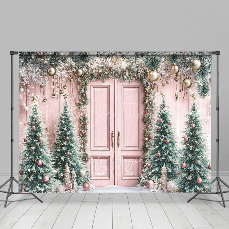 Aperturee - Aperturee Pink Christmas Door Photography Backdrop Flocked Trees with Rose Gold Ornaments Whimsical Holiday Photo Background