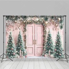 Aperturee - Aperturee Pink Christmas Door Photography Backdrop Flocked Trees with Rose Gold Ornaments Whimsical Holiday Photo Background