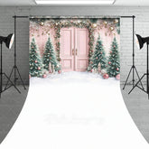 Aperturee - Aperturee Pink Christmas Door Sweep Backdrop Flocked Trees with Rose Gold Ornaments Whimsical Holiday Photo Floor Drop