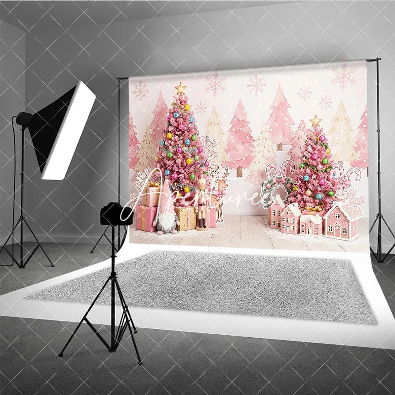 Aperturee - Aperturee Pink Christmas Tree and Nutcracker Holiday Backdrop Pastel Winter Wonderland Gingerbread House Party Decor