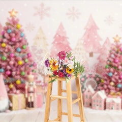 Aperturee - Aperturee Pink Christmas Tree and Nutcracker Holiday Backdrop Pastel Winter Wonderland Gingerbread House Party Decor