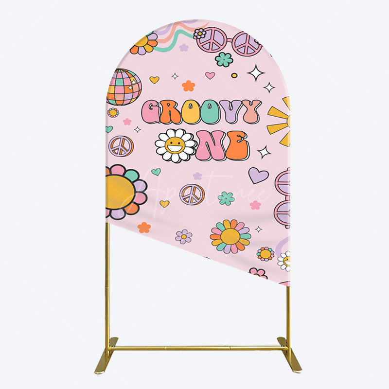 Aperturee - Aperturee Pink Color Floral Groovy One Birthday Arch Backdrop