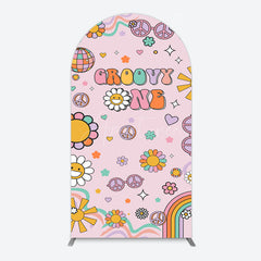 Aperturee - Aperturee Pink Color Floral Groovy One Birthday Arch Backdrop