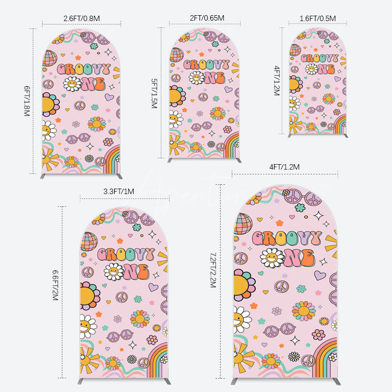 Aperturee - Aperturee Pink Color Floral Groovy One Birthday Arch Backdrop