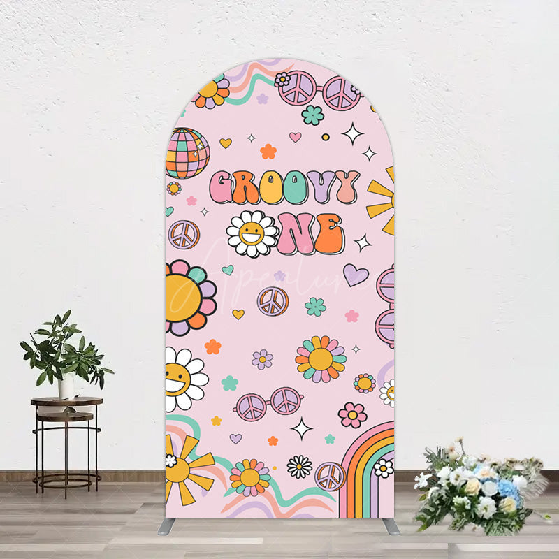 Aperturee - Aperturee Pink Color Floral Groovy One Birthday Arch Backdrop