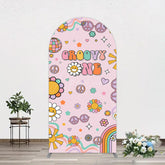 Aperturee - Aperturee Pink Color Floral Groovy One Birthday Arch Backdrop