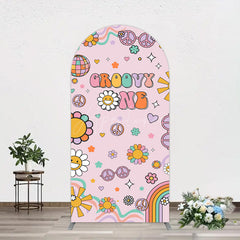 Aperturee - Aperturee Pink Color Floral Groovy One Birthday Arch Backdrop