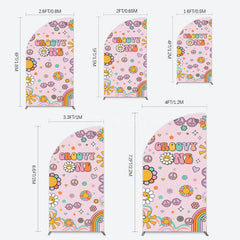 Aperturee - Aperturee Pink Color Floral Groovy One Birthday Half Moon Arch Backdrop