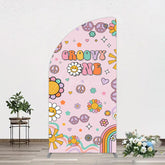 Aperturee - Aperturee Pink Color Floral Groovy One Birthday Half Moon Arch Backdrop