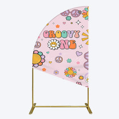 Aperturee - Aperturee Pink Color Floral Groovy One Birthday Half Moon Arch Backdrop