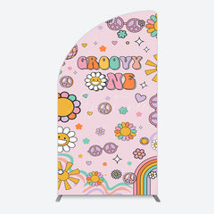 Aperturee - Aperturee Pink Color Floral Groovy One Birthday Half Moon Arch Backdrop