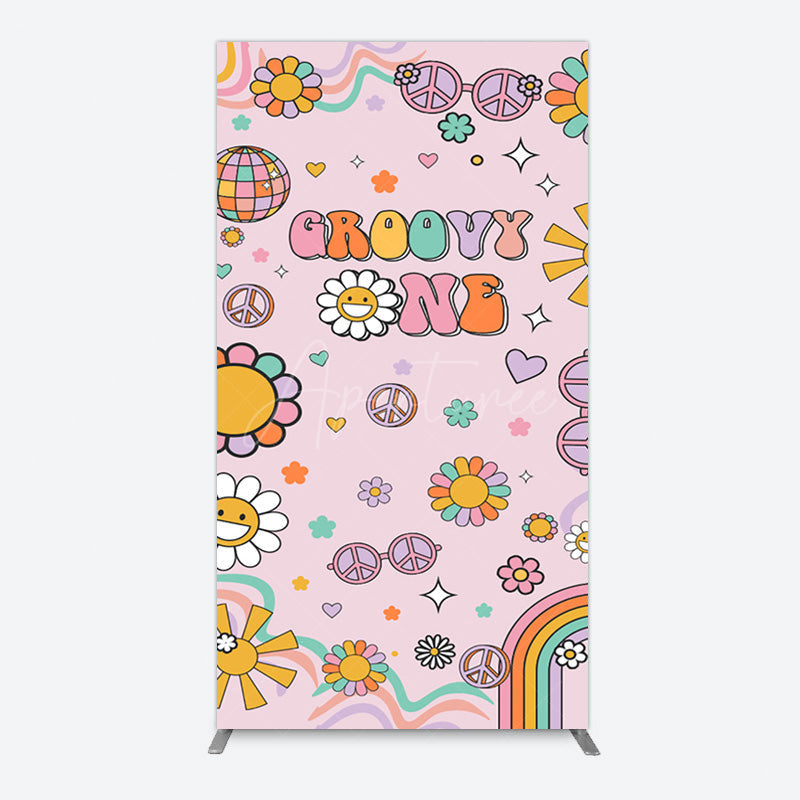 Aperturee - Aperturee Pink Color Floral Groovy One Birthday Rectangle Backdrop