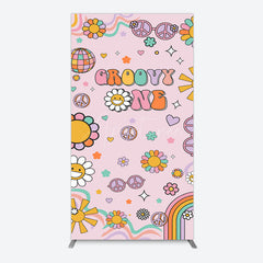 Aperturee - Aperturee Pink Color Floral Groovy One Birthday Rectangle Backdrop