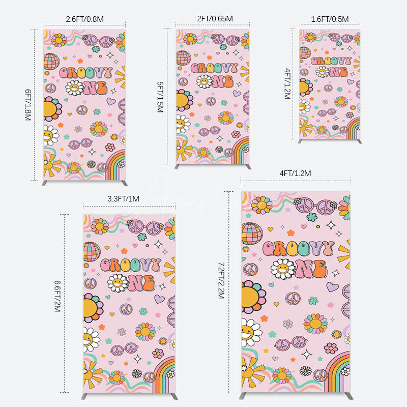 Aperturee - Aperturee Pink Color Floral Groovy One Birthday Rectangle Backdrop