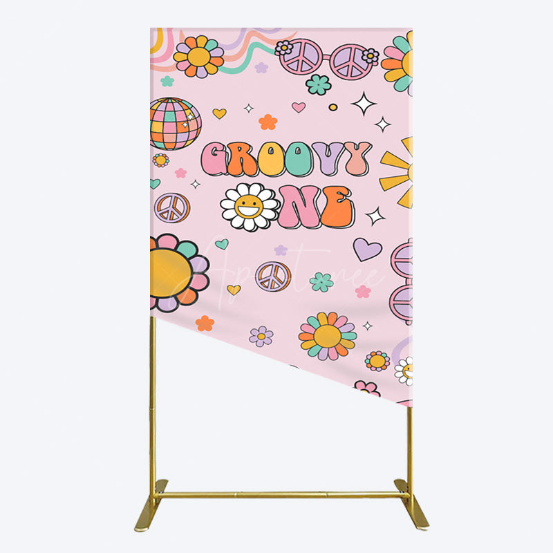 Aperturee - Aperturee Pink Color Floral Groovy One Birthday Rectangle Backdrop