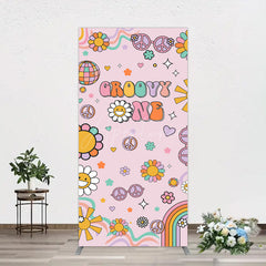 Aperturee - Aperturee Pink Color Floral Groovy One Birthday Rectangle Backdrop