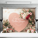 Aperturee - Aperturee Pink Corrugated Heart Floral Photography Backdrop with White Peonies and Red Roses for Valentine’s Day Wedding
