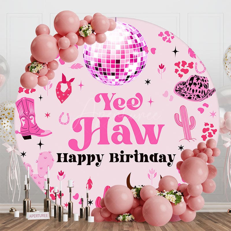 Aperturee - Aperturee Pink Cowgirl Yee Haw Round Happy Birthday Backdrop