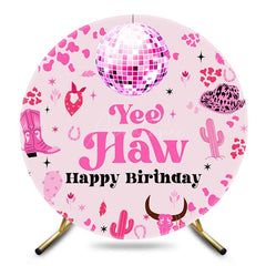 Aperturee - Aperturee Pink Cowgirl Yee Haw Round Happy Birthday Backdrop