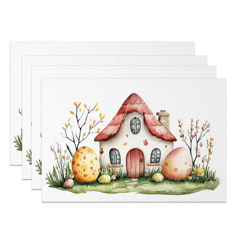 Aperturee - Aperturee Pink Cross Set of 4 Placemats Rose Flower and Ribbon Religious Baptism Communion Table Mats