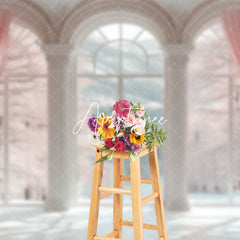 Aperturee - Aperturee Pink Curtain Forest White Arch Window Photo Backdrop