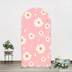 Aperturee - Aperturee Pink Daisy Floral Round Top Arch Backdrop with White Flowers and Gold Glitter Sparkles Sweet Celebration Decor