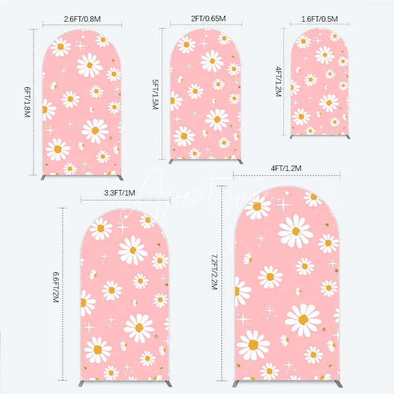 Aperturee - Aperturee Pink Daisy Floral Round Top Arch Backdrop with White Flowers and Gold Glitter Sparkles Sweet Celebration Decor