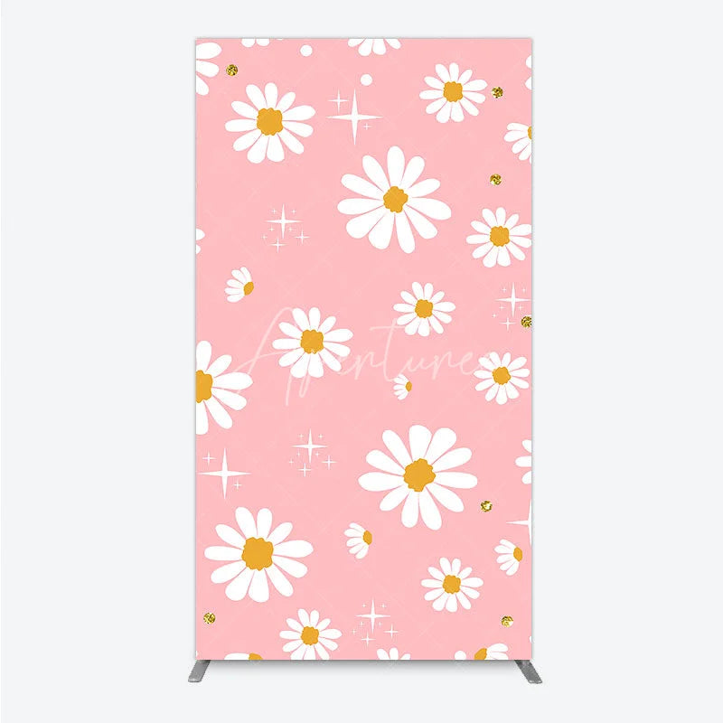 Aperturee - Aperturee Pink Daisy Flower Rectangle Arch Backdrop with Gold Glitter and Starbursts Cheerful Spring Party Decor