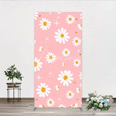 Aperturee - Aperturee Pink Daisy Flower Rectangle Arch Backdrop with Gold Glitter and Starbursts Cheerful Spring Party Decor