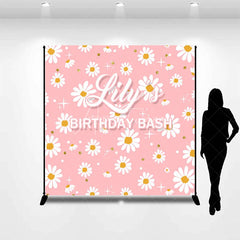 Aperturee - Aperturee Pink Daisy Flowers Custom Backdrop with Gold Glitter and Stars Personalized Name Birthday Party Decor