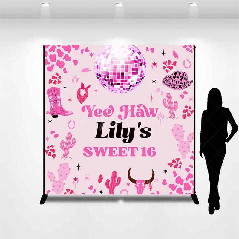 Aperturee - Aperturee Pink Disco Ball Cowgirl Custom Name Sweet 16 Backdrop