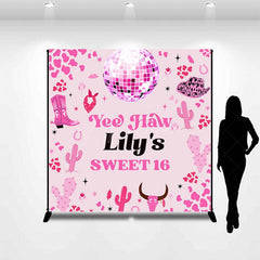 Aperturee - Aperturee Pink Disco Ball Cowgirl Custom Name Sweet 16 Backdrop