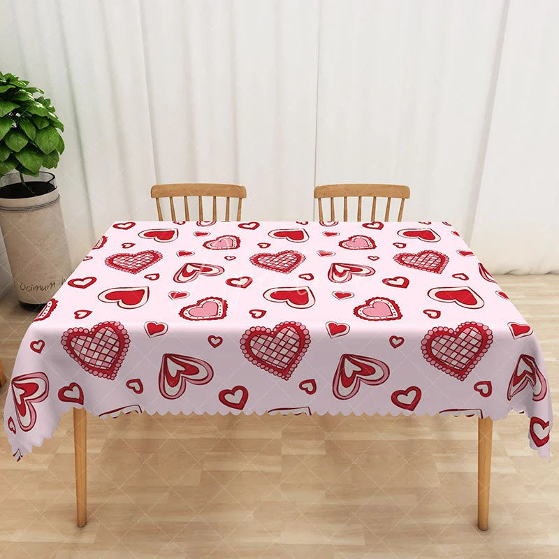 Aperturee - Aperturee Pink Doodle Heart Rectangle Tablecloth Sketchy Red White Love Table Cover Cute Valentine Day Home Decor