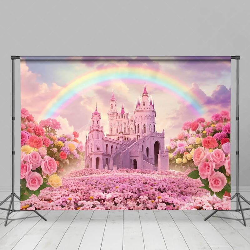 Aperturee - Aperturee Pink Fairy Castle Rainbow Sky Floral Wedding Backdrop