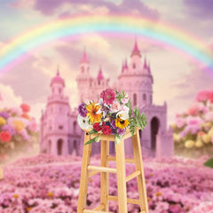 Aperturee - Aperturee Pink Fairy Castle Rainbow Sky Floral Wedding Backdrop