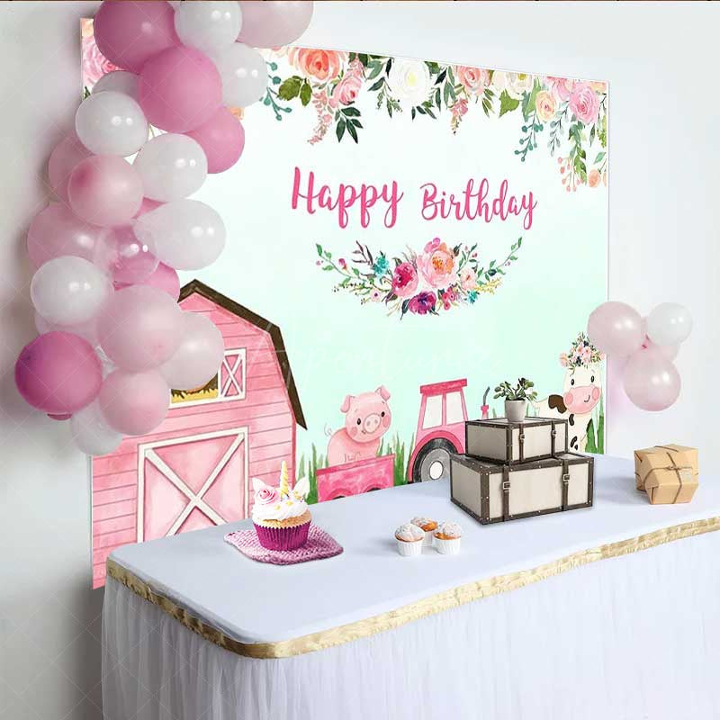 Aperturee - Aperturee Pink Farm Animals Happy Birthday Backdrop for Girls Barnyard Cow and Pig with Tractor Floral Party Photo Prop