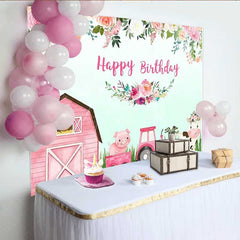 Aperturee - Aperturee Pink Farm Animals Happy Birthday Backdrop for Girls Barnyard Cow and Pig with Tractor Floral Party Photo Prop