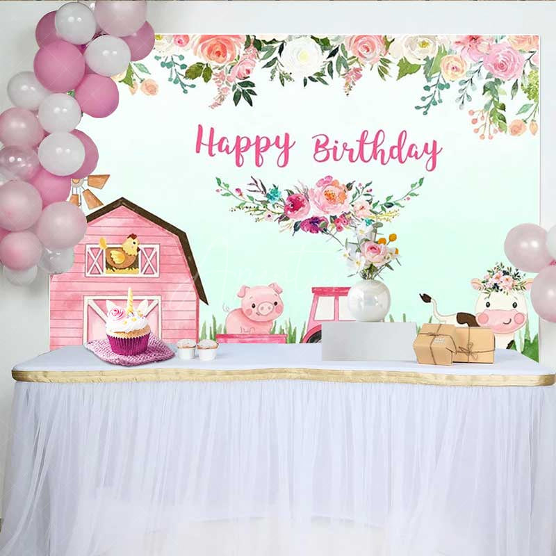 Aperturee - Aperturee Pink Farm Animals Happy Birthday Backdrop for Girls Barnyard Cow and Pig with Tractor Floral Party Photo Prop
