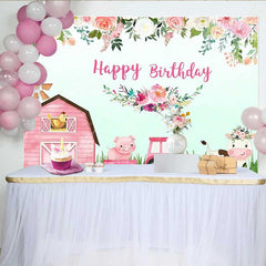 Aperturee - Aperturee Pink Farm Animals Happy Birthday Backdrop for Girls Barnyard Cow and Pig with Tractor Floral Party Photo Prop