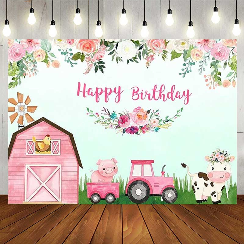 Aperturee - Aperturee Pink Farm Animals Happy Birthday Backdrop for Girls Barnyard Cow and Pig with Tractor Floral Party Photo Prop